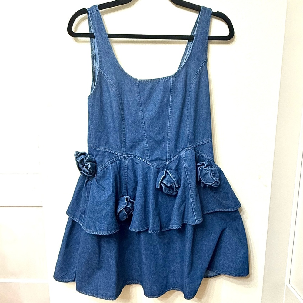 Denim Ruffle Mini Dress - Blue